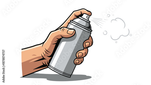 Illustration of a hand spraying from an aerosol can, with a stream of mist coming out, against a white background.
