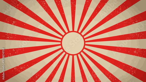 Vintage sunburst pattern with red rays and distressed texture adds retro flair and dynamic visual