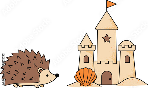 Adorable vector illustration set featuring a cute brown hedgehog character and a detailed sandcastle with a flag, sea shell, and star.