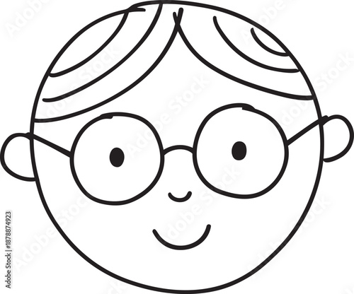 Hand drawn crayon emoji face of smart smiling kid with glasses
