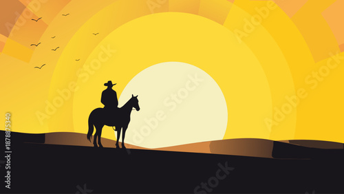 Cowboy riding horse into vibrant sunset with birds flying overhead