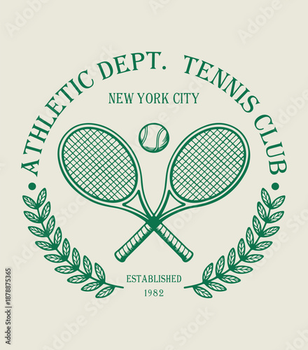 Vintage New York City Tennis Club Illustration - Retro Athletic Dept. Established 1982 Graphic with Crossed Rackets, Laurel Wreath, and Tennis Ball - Classic Collegiate Sports T-Shirt Design Art