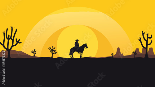 Cowboy riding horse through desert landscape at sunset