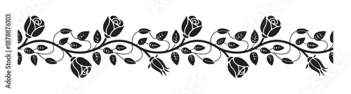 Romantic rose vine border with leaves and unopened buds, vintage floral design element