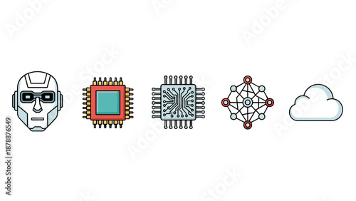 This minimalist illustration presents a collection of key elements in advanced computing and artificial intelligence, showcasing hardware, connectivity, and cloud technologies.