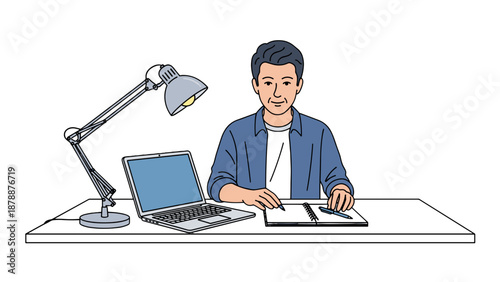 A man sits attentively at a well-lit desk, utilizing a laptop and a notebook, reflecting a productive and organized work or study session.
