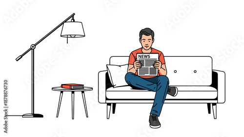 A relaxed man sits comfortably on a modern sofa, engrossed in reading a newspaper, embodying a peaceful moment of domestic leisure.