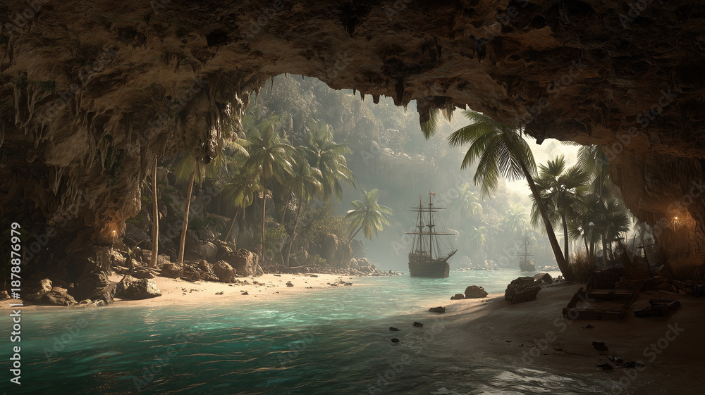 Fototapeta premium Pirates hideout cave on caribbean island
