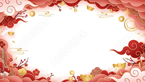Vibrant East Asian festive frame with auspicious red clouds, golden ingots, and cherry blossoms, ideal for Lunar New Year celebrations, cultural greetings and prosperity designs