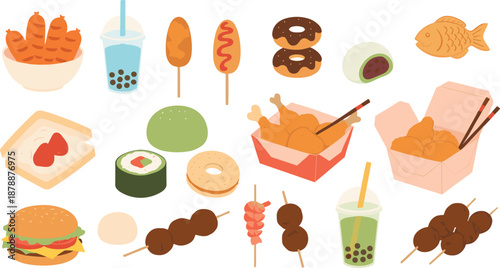 Professional vector illustration set of global street food featuring corn dogs, bubble tea, donuts, fried chicken, sushi, burgers, and skewers isolated on white.