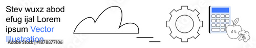 Technology, health, cloud computing, education, organization, productivity. A cloud, gear calculator and apple graphics are . Technology and health modern solutions and balance