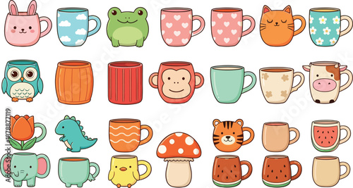 Cheerful vector illustration set of novelty ceramic mugs featuring cute animal characters, floral patterns, hearts, clouds, mushrooms, and fruit motifs.