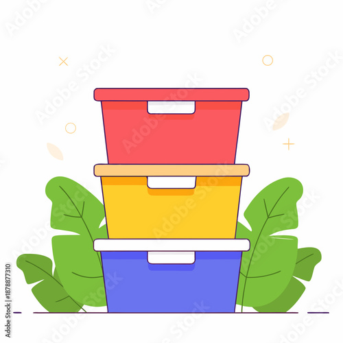 Stack of colorful planters with green leaves
