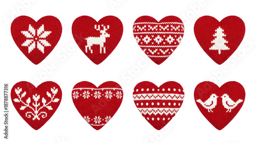 Red knitted heart set including snowflake, reindeer, pine tree, floral, and bird patterns isolated. Nordic Christmas and winter decoration collection.