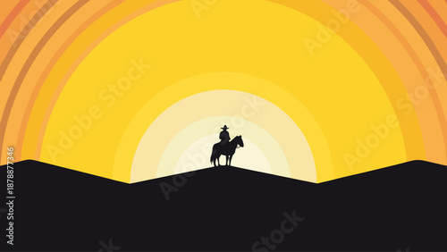 Cowboy on horseback silhouetted against vibrant sunset