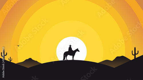 Cowboy riding horse at sunset in desert landscape with cacti