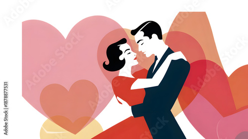 Couple dancing closely with vintage flair against a backdrop of stylized heart shapes for romantic themes and creative banner design.