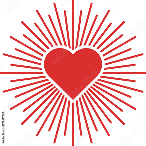 Minimal Red Heart Icon with Radiant Sunburst Rays for Valentine's Day and Love Concepts
