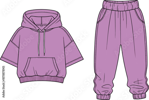 Purple Short Sleeve Hoodie and Jogger Pants Fashion Flat Sketch Technical Drawing Template with Oversized Fit Streetwear Loungewear Set Apparel Mockup Vector Illustration