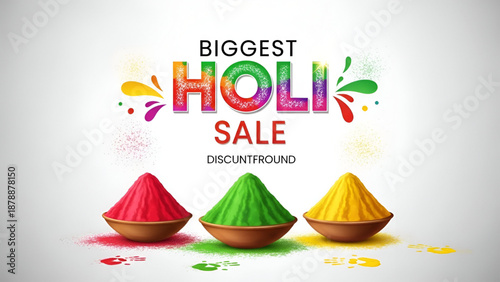 Biggest Holi sale colorful festival of colors background with powder bowls happy holi text discount promotion design for retail marketing and commercial use