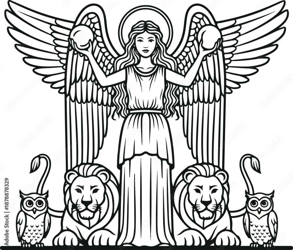 Fototapeta premium Woman with wings and animals illustration.