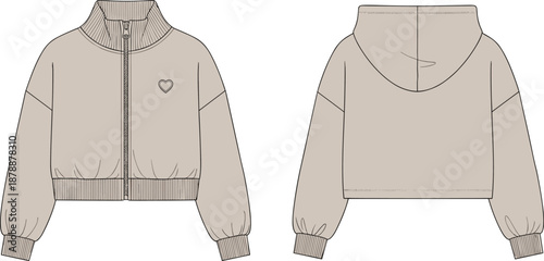 Beige Cropped Zip Up Jacket Fashion Flat Sketch Technical Drawing Template with Heart Embroidery Ribbed Funnel Neck and Hooded Back View Apparel Vector Mockup