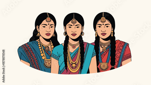 Three Indian Women in Traditional Attire and Jewelry.