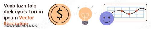 Business strategy, creativity, happiness, data analysis, financial growth, and success. Icons include a dollar sign, light bulb happy face and graph. Business strategy and creativity concepts
