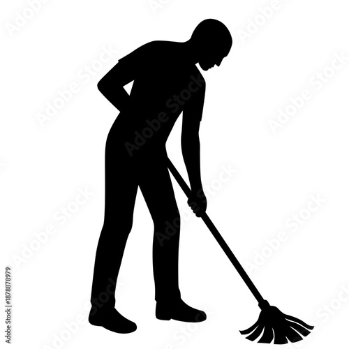 Mopping silhouette, black cleaning figure icon for hygiene, labor and janitorial design themes