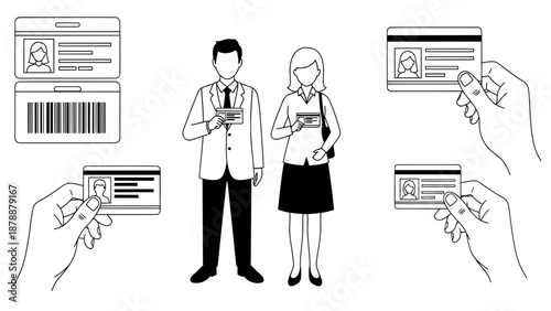 Two individuals, a man in a suit and a woman in a skirt, are holding identification cards, showcasing the concept of identity verification and security in a professional setting