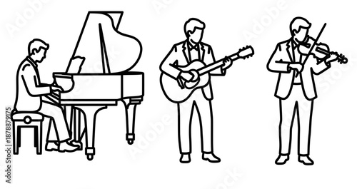 Illustration of three musicians performing together, one at a grand piano, another playing guitar, and the third with a violin, showcasing a lively musical atmosphere