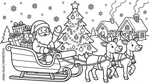 Santa and Reindeer Christmas Coloring Page for Kids
