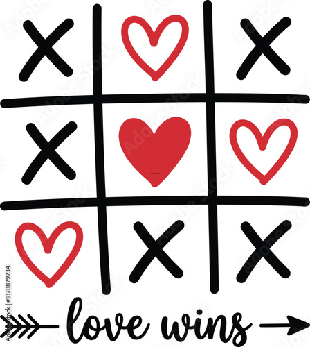 Valentine's Day Tic-Tac-Toe Game with Hearts and X's, Love Wins Text Illustration on White Background