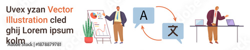 Global communication, language learning, business analytics, multilingual services, data sharing, remote collaboration. Characters analyzing data and connecting text. Global communication