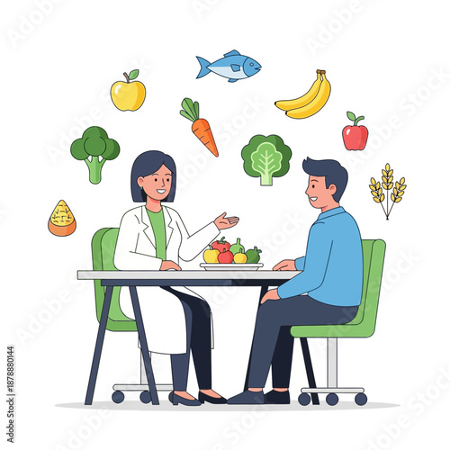 Nutritionist consultation doctor advising patient on healthy eating with fruits, vegetables, and fish