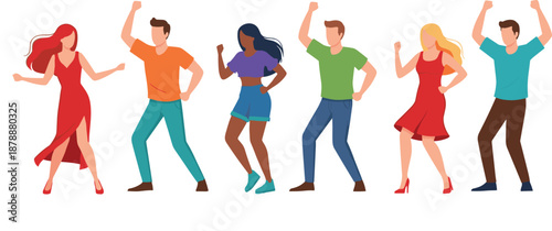 Dancing People Illustration Set with Men and Women Performing Energetic Dance Moves, Party Celebration, Music Rhythm, and Social Lifestyle Concept