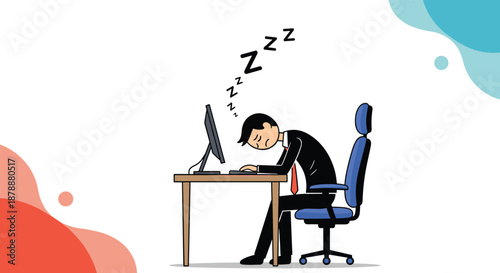 Businessman wearing a suit and tie sleeping soundly at his office desk in front of a computer monitor representing work fatigue.