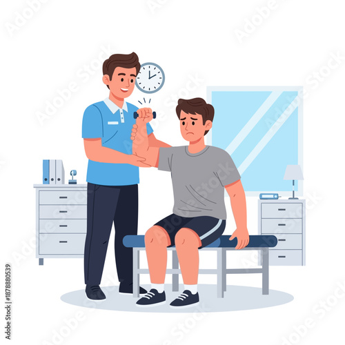 Physical therapy session therapist assists patient with arm exercise using dumbbells