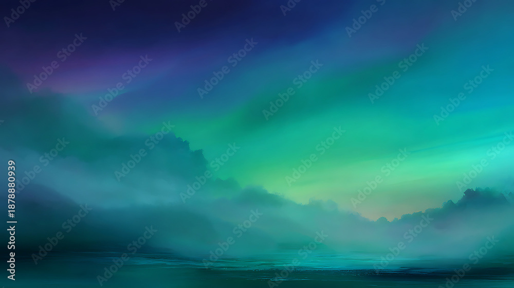 Fototapeta premium Abstract Aurora Borealis Northern Lights Glowing Over a Misty Ocean Landscape at Night with Teal and Purple Vibrant Nebula Clouds and Mystical Water Reflections