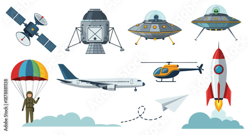 Collection of various air and space transportation vehicles including rockets, satellites, ufos, a helicopter, a plane, and a paraglider.