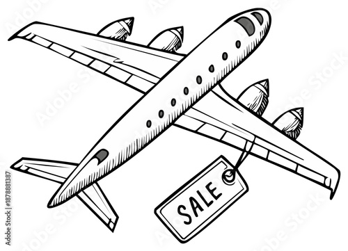 Hand-drawn airplane with a sale tag attached, symbolizing travel deals and aviation opportunities