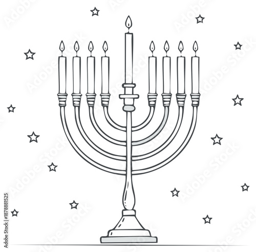 Hand drawn illustration of a Menorah with lit candles and stars celebrating a Jewish holiday