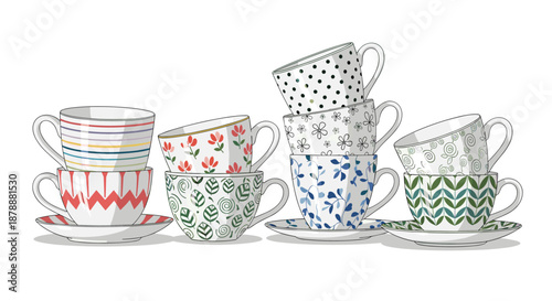 Elegant stacks of various porcelain teacups with colorful patterns including floral, stripes, dots, and geometric designs on saucers.