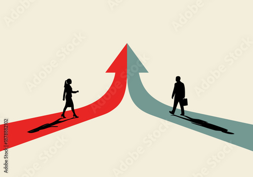 Two business people merge paths as red and blue arrows ascend, symbolizing collaboration and shared future