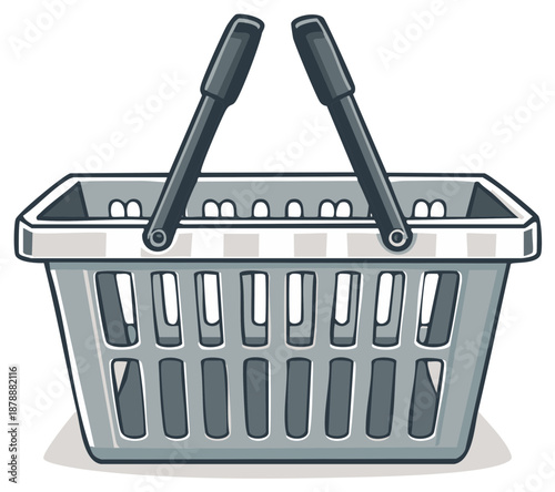 Clean flat design illustration of an empty grey plastic shopping basket for retail needs