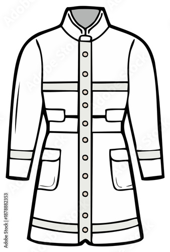 Stylized illustration of a white lab coat or uniform with buttons, pockets, and band accents.