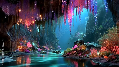 Enchanting Underwater Cave with Vibrant Coral Reefs and Luminous Flora
