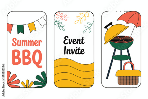 Summer bbq event invite vertical banner set with garland leaves grill umbrella basket cooking party announcement