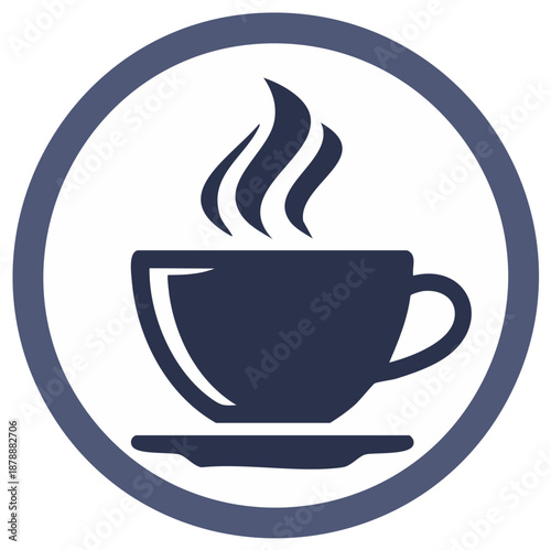 Stylized coffee cup with steam inside a circular frame for branding and icon use