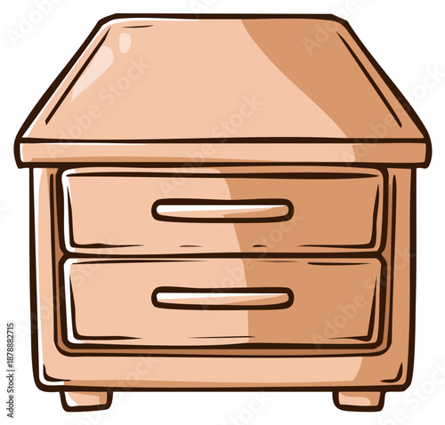 Simple hand drawn cartoon of a small wooden bedside table with drawers